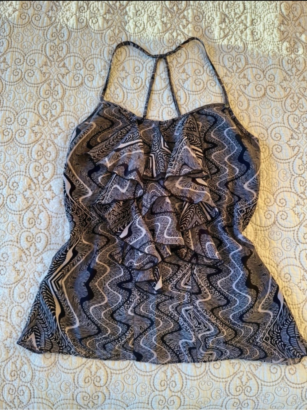 Guess Black & Cream geometric print ruffle cami